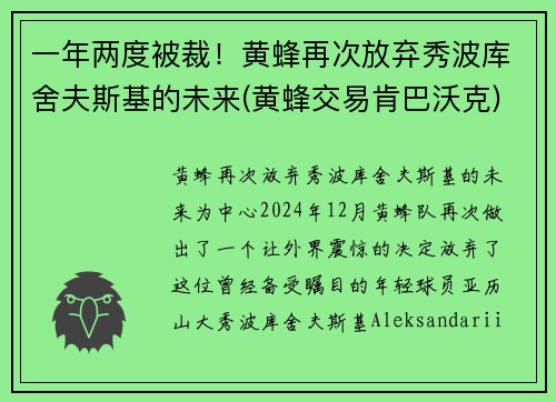 一年两度被裁！黄蜂再次放弃秀波库舍夫斯基的未来(黄蜂交易肯巴沃克)