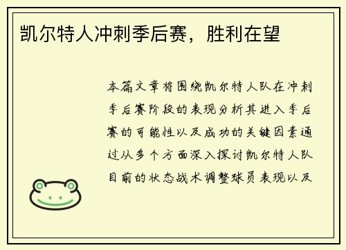 凯尔特人冲刺季后赛，胜利在望